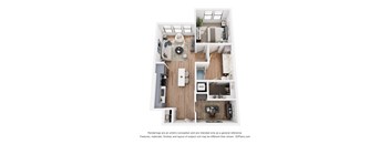 A 3D floor plan of a small apartment with a kitchen, living room, and bathroom.