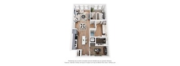 A 3D floor plan of a small apartment with a kitchen, living room, and bathroom.