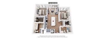 A 3D floor plan of a house with a kitchen, living room, and two bedrooms.