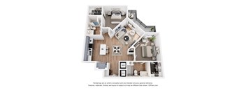 A 3D floor plan of a small apartment with a kitchen, living room, and bedroom.