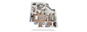 A 3D floor plan of a small apartment with a kitchen, living room, and bedroom.