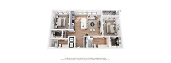 A 3D floor plan of a house with a kitchen, living room, and bathroom.