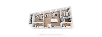 A 3D floor plan of a house with a kitchen, living room, and two bedrooms.