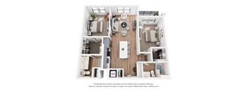 A 3D floor plan of a small apartment with a kitchen, living room, and bedroom.