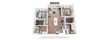 A 3D floor plan of a house with a living room, kitchen, and two bedrooms.