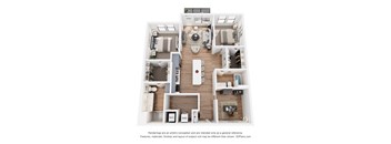 A 3D floor plan of a house with a kitchen, living room, and two bedrooms.