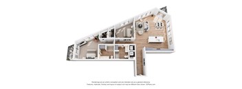 A 3D floor plan of a house with a kitchen, living room, and bedrooms.