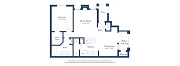 A floor plan of a house with a living room, dining area, kitchen, and bath.