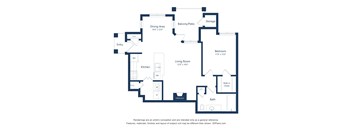 A floor plan of a house with a living room, dining area, kitchen, bedroom, bathroom, and storage.