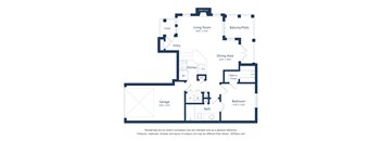 A floor plan of a house with a living room, dining area, kitchen, bathroom, and two bedrooms.
