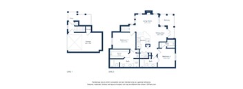 A floor plan of a two level home with a garage and two bedrooms.