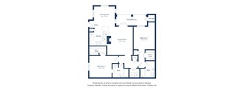 A floor plan of a house with a living room, two bedrooms, a kitchen, a dining area, a pantry, a bathroom, and a storage area.
