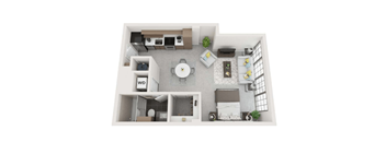 A top-down view of a small apartment with a kitchen, living room, and bathroom.