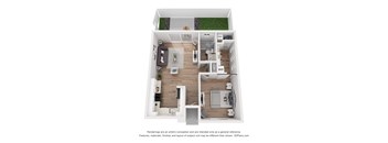 A 3D floor plan of a house with a kitchen, living room, and bathroom.