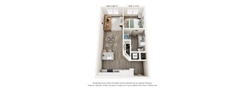 A 3D floor plan of a small apartment with a kitchen, living room, and bathroom.