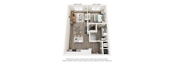 A 3D floor plan of a small apartment with a kitchen, living room, and bathroom.