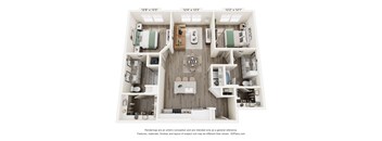 A 3D floor plan of a small apartment with a kitchen, living room, and two bedrooms.