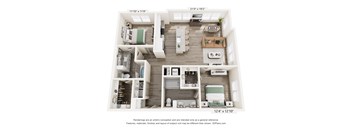 A 3D floor plan of a two-bedroom apartment.