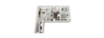 A white floor plan of a house with a living room, kitchen, and bathroom.