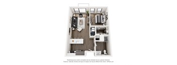 A 3D floor plan of a small apartment with a kitchen, living room, and bedroom.