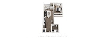 A 3D floor plan of a small apartment with a kitchen, living room, and bathroom.