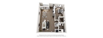 A 3D floor plan of a small apartment with a kitchen, living room, and bedroom.