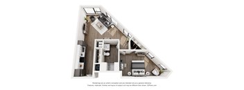 A 3D floor plan of a house with a kitchen, living room, and two bedrooms.