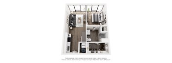 A 3D floor plan of a small apartment with a kitchen, living room, and bathroom.