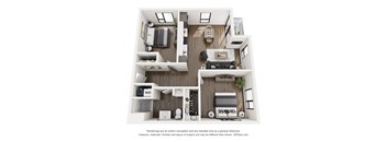 A 3D floor plan of a small apartment with a living room, kitchen, and bedroom.