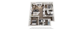 A 3D floor plan of a small apartment with a living room, kitchen, and bedroom.