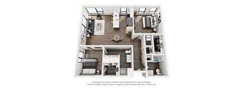 A 3D floor plan of a small apartment with a kitchen, living room, and bedrooms.