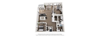 A 3D floor plan of a house with a kitchen, living room, and two bedrooms.