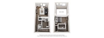 A floor plan of a small apartment with a kitchen, living room, and bathroom.
