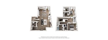 A floor plan of a two-story apartment with a living room, kitchen, and bedrooms.