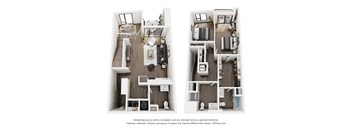 Two floor plans of a house with a kitchen, living room, and bedrooms.