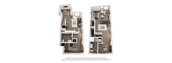 Two images of a floor plan of a house with a kitchen, living room, and bedrooms.