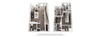 A 3D floor plan of a two-bedroom apartment.