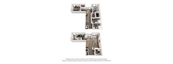A 3D floor plan of a house with two bedrooms, a living room, a kitchen, and a bathroom.
