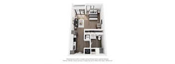 A 3D floor plan of a small apartment with a kitchen, living room, and bedroom.