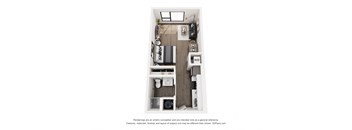 A floor plan of a small apartment with a kitchen, living room, and bathroom.