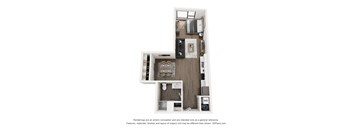 A 3D floor plan of a small apartment with a kitchen, living room, and bathroom.