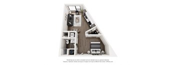 A 3D floor plan of a small apartment with a kitchen, living room, and bedroom.