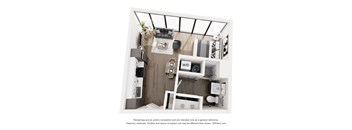 A 3D floor plan of a small apartment with a kitchen, living room, and bathroom.
