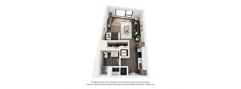 A 3D floor plan of a small apartment with a kitchen, living room, and bathroom.