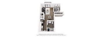 A 3D floor plan of a small apartment with a kitchen, living room, and bathroom.
