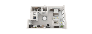 A top-down view of a small apartment with a living room, kitchen, and bathroom.