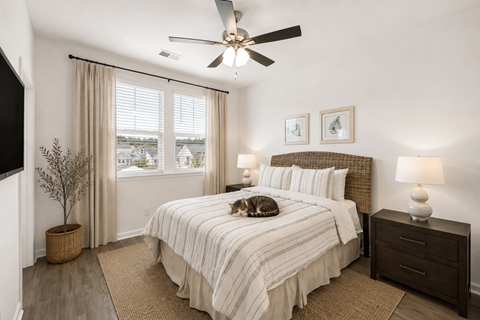 A bedroom with a bed, a ceiling fan, and a window with curtains.