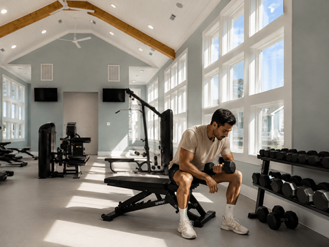 A man is sitting on a bench in a gym.