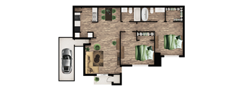 A top-down view of a house layout with a car parked outside.