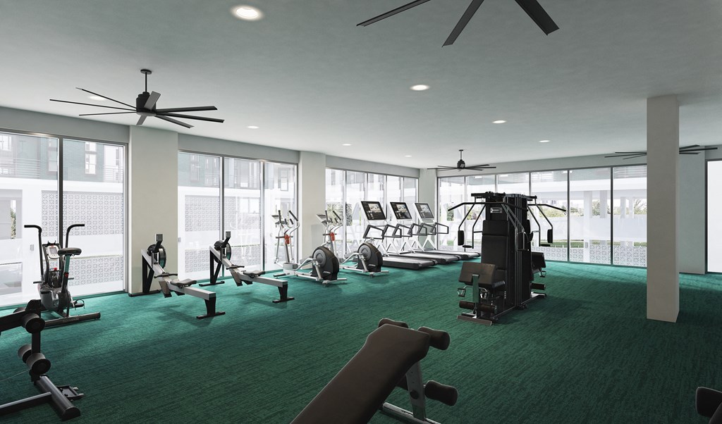 a rendering of a fitness room with exercise equipment and windows